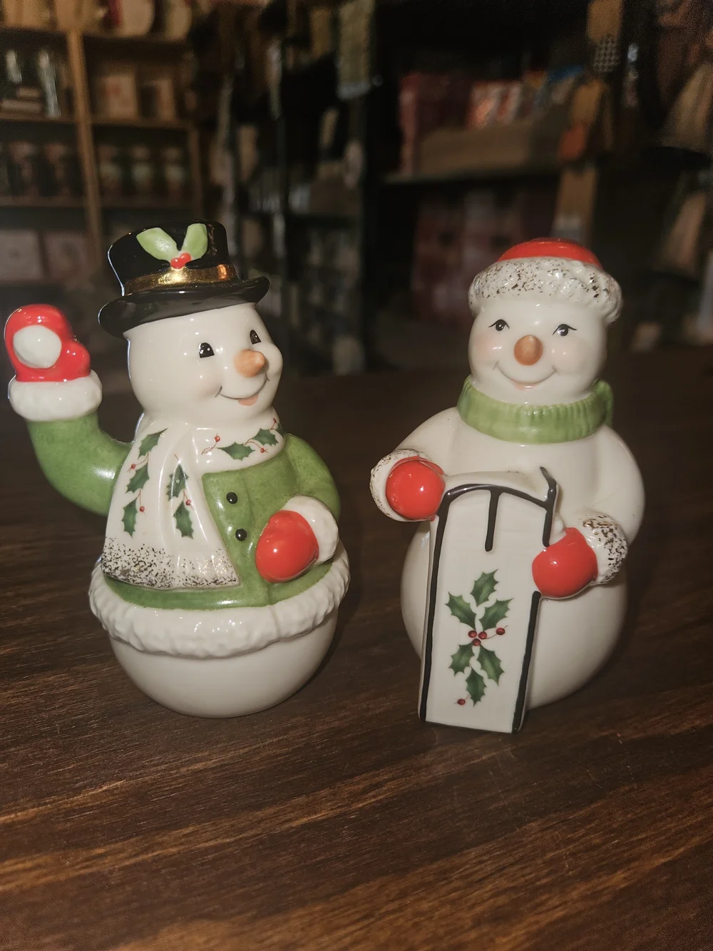 LENOX Holiday Snowman Ceramic Salt and Pepper Shakers - Green and White
